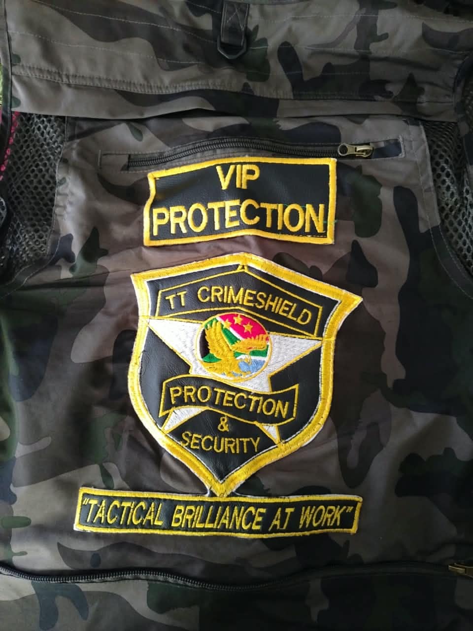 VIP Protection vest carrying the unit badge and “Tactical Brilliance at Work”
